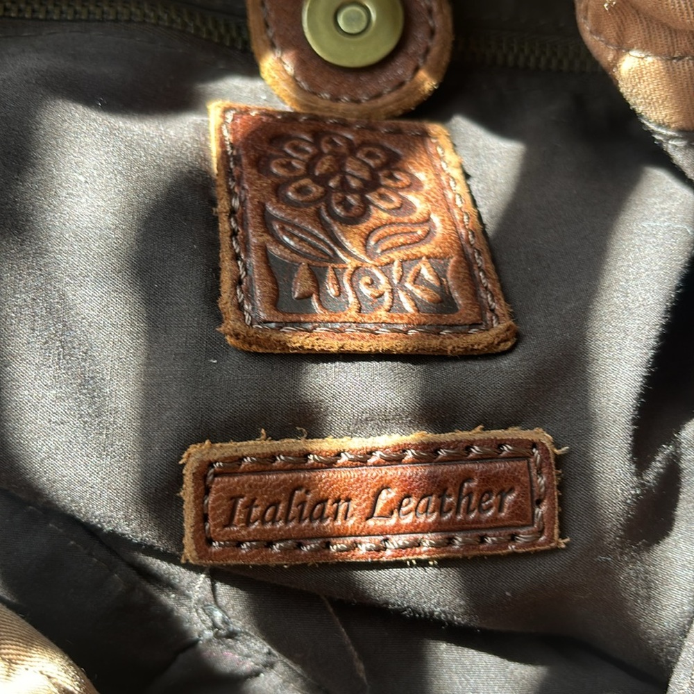 Lucky Brand Italian Brown Leather Tulip Drawstring Shoulder Bag Purse Tote - Picture 8 of 11